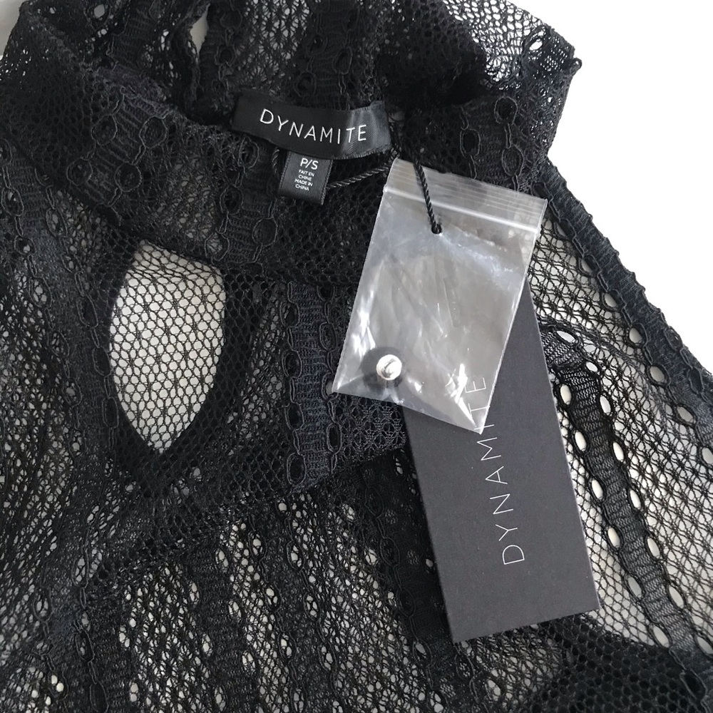Dynamite Lace Sheer Choker Mock Neck Black Sleeveless Top with Camisole Tube Top - Picture 15 of 16
